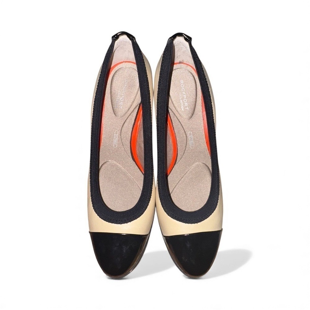 Rockport Total Motion Women Beige Black Cap Toe Block Heel Pumps Shoes